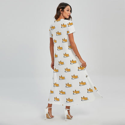 Sleeping Corgi Pattern Print Short Sleeve Maxi Dress