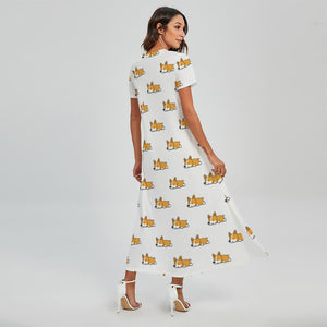 Sleeping Corgi Pattern Print Short Sleeve Maxi Dress