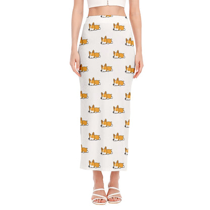 Sleeping Corgi Pattern Print Side Slit Maxi Skirt