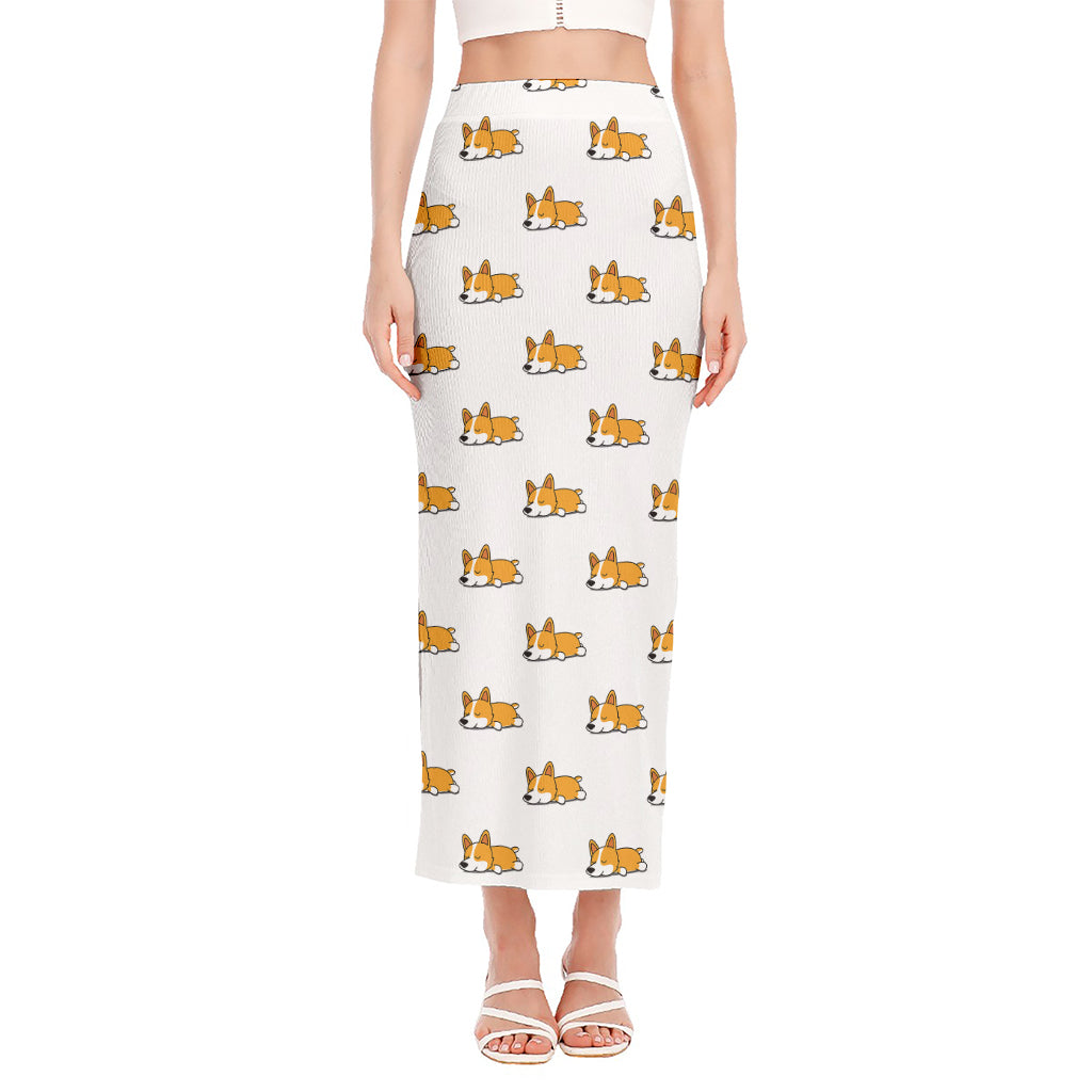 Sleeping Corgi Pattern Print Side Slit Maxi Skirt