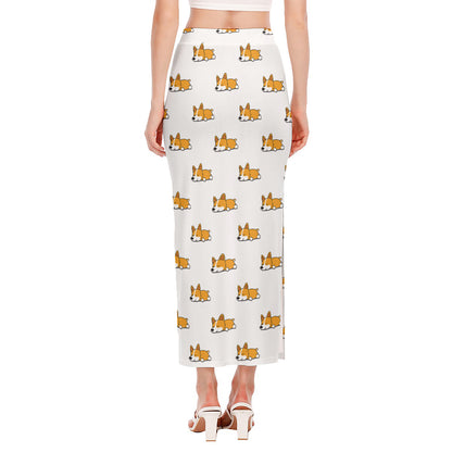 Sleeping Corgi Pattern Print Side Slit Maxi Skirt