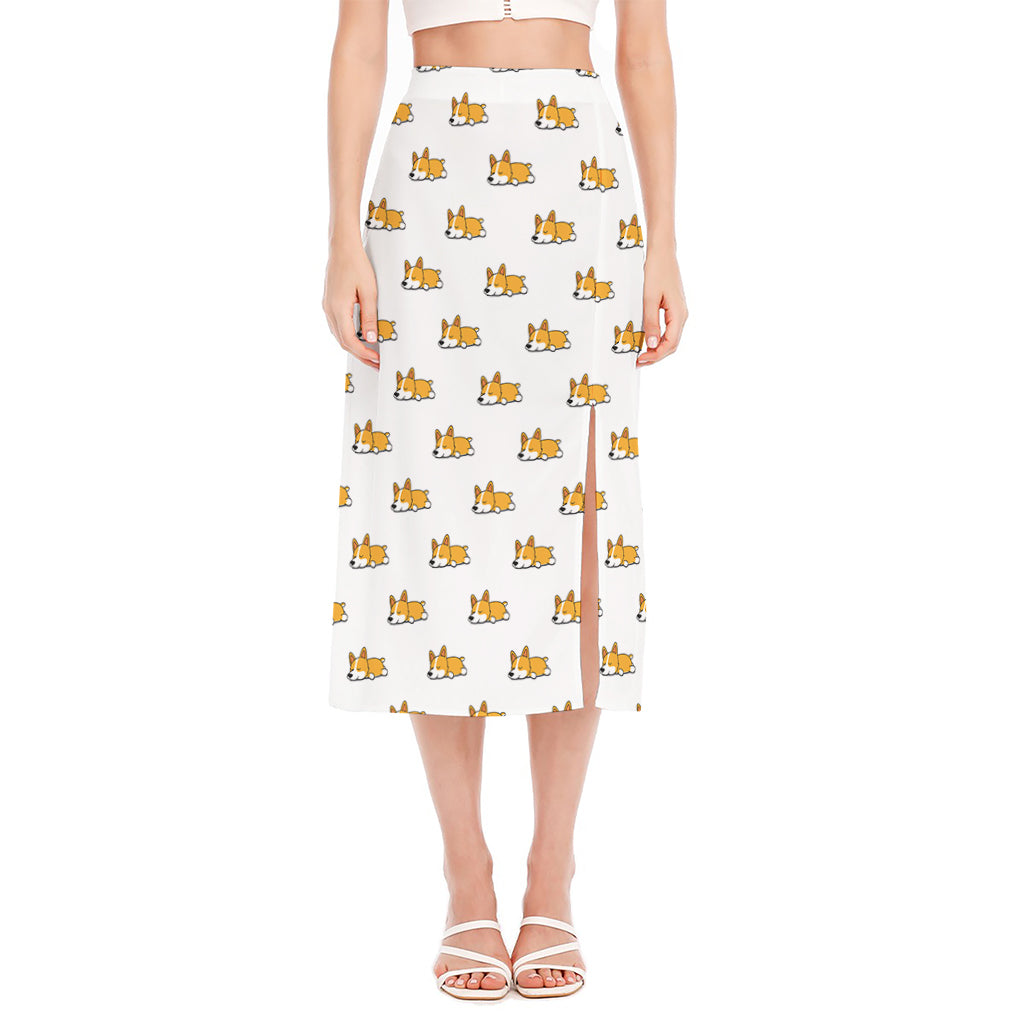 Sleeping Corgi Pattern Print Side Slit Midi Skirt