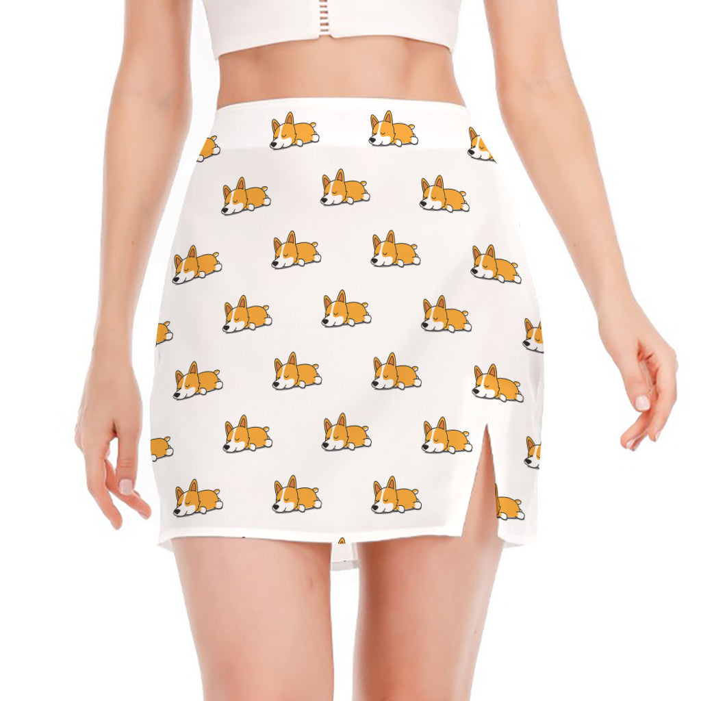 Sleeping Corgi Pattern Print Side Slit Mini Skirt