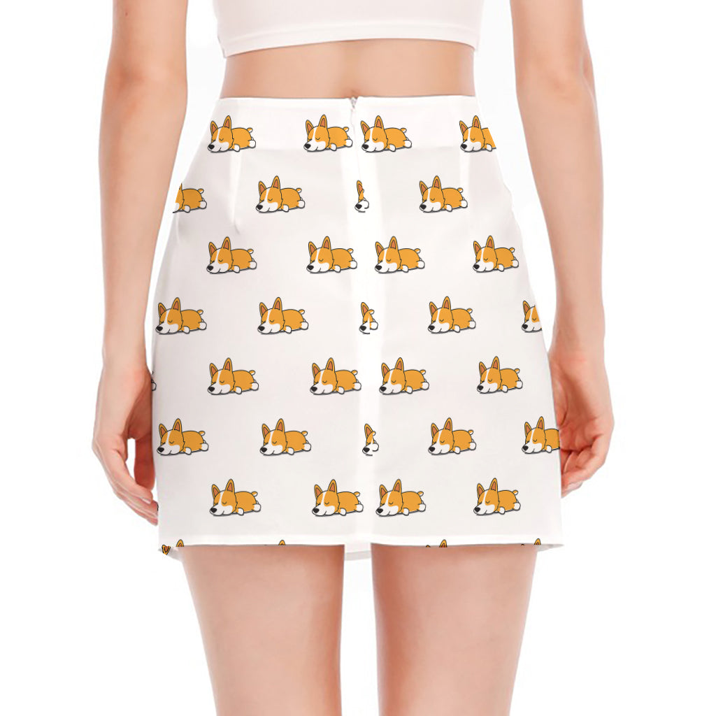 Sleeping Corgi Pattern Print Side Slit Mini Skirt