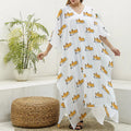 Sleeping Corgi Pattern Print Silk V-Neck Kaftan Dress