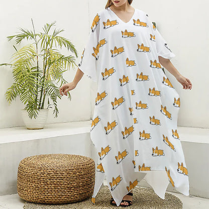 Sleeping Corgi Pattern Print Silk V-Neck Kaftan Dress