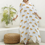 Sleeping Corgi Pattern Print Silk V-Neck Kaftan Dress