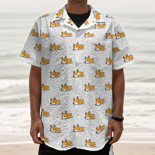 Sleeping Corgi Pattern Print Textured Short Sleeve Shirt