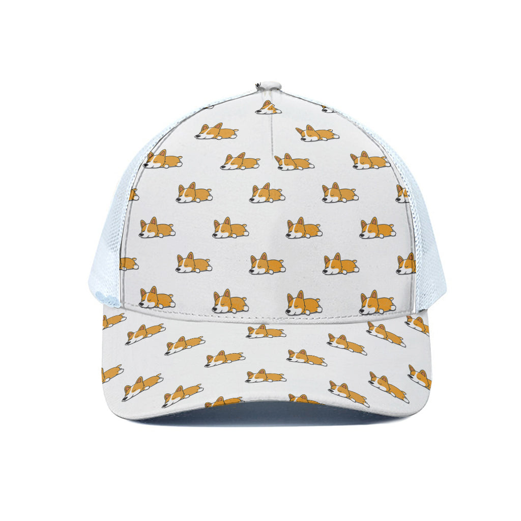 Sleeping Corgi Pattern Print White Mesh Trucker Cap