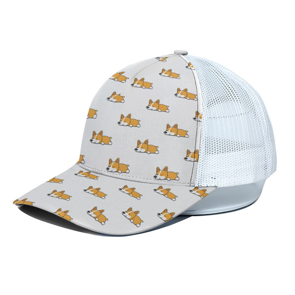 Sleeping Corgi Pattern Print White Mesh Trucker Cap