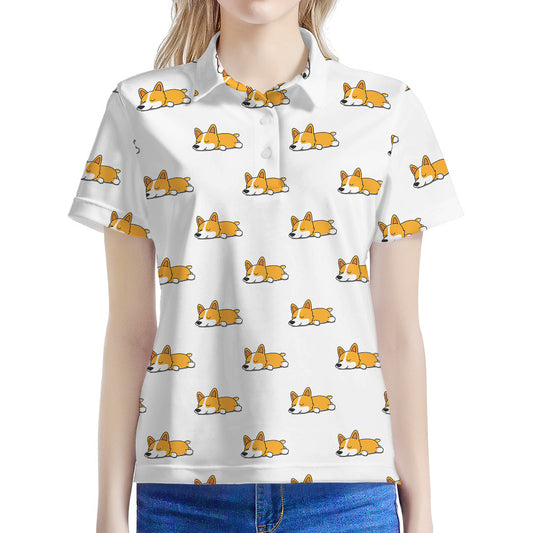 Sleeping Corgi Pattern Print Women's Polo Shirt
