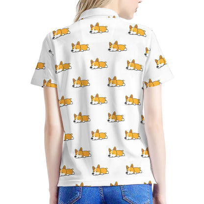 Sleeping Corgi Pattern Print Women's Polo Shirt