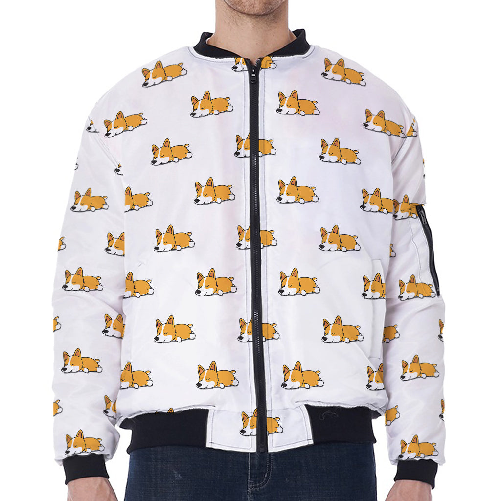 Sleeping Corgi Pattern Print Zip Sleeve Bomber Jacket