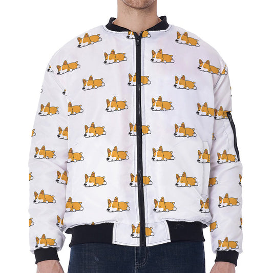 Sleeping Corgi Pattern Print Zip Sleeve Bomber Jacket