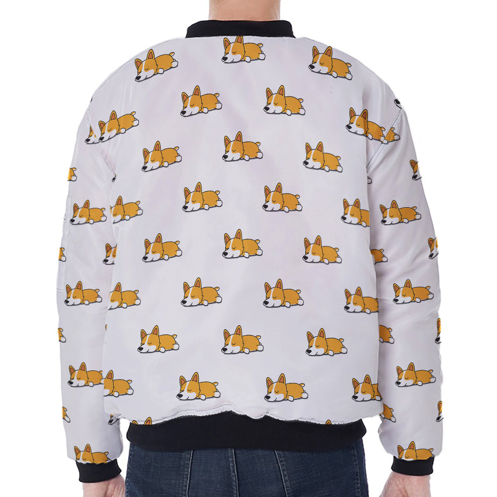 Sleeping Corgi Pattern Print Zip Sleeve Bomber Jacket