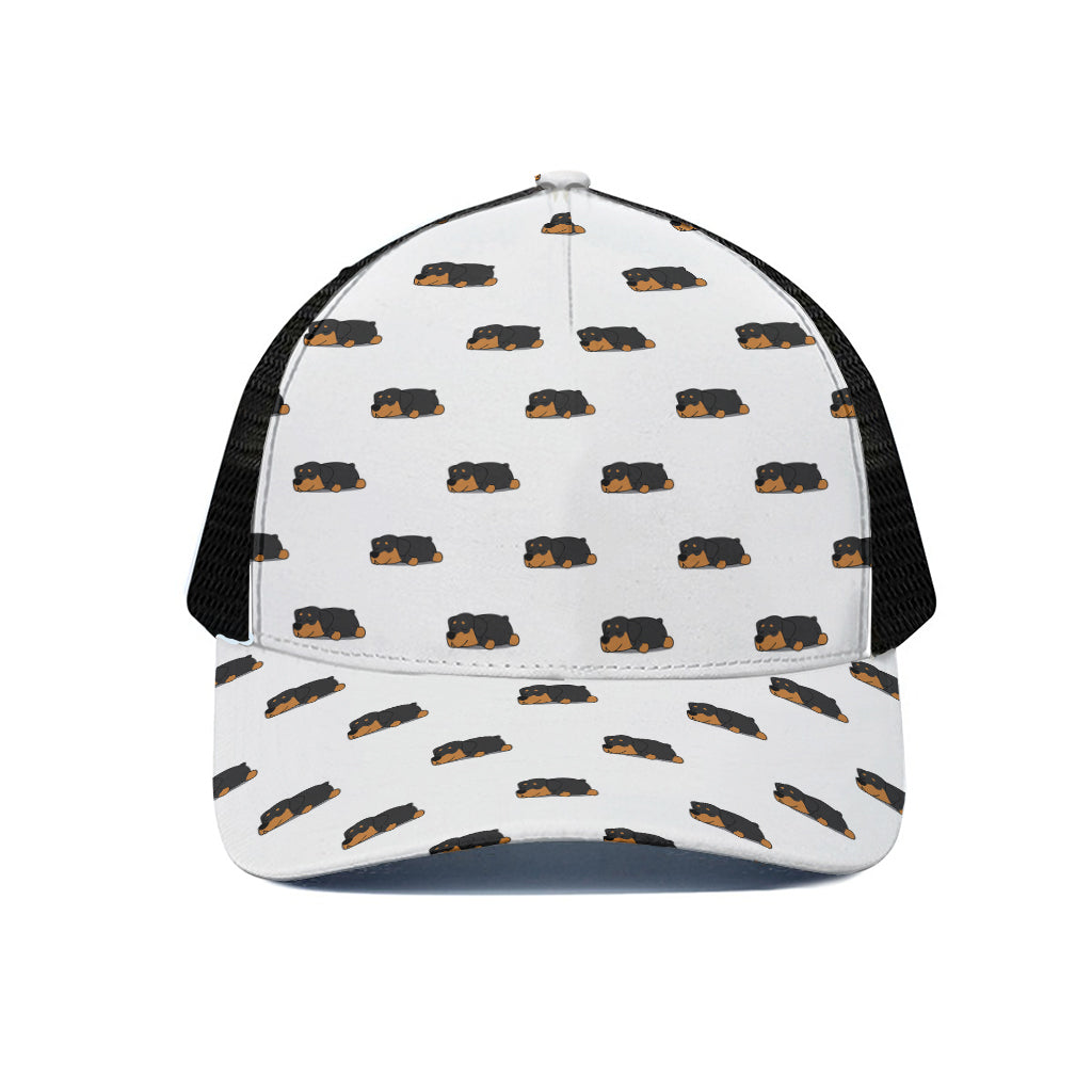 Sleeping Rottweiler Pattern Print Black Mesh Trucker Cap