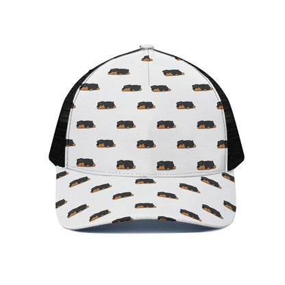 Sleeping Rottweiler Pattern Print Black Mesh Trucker Cap