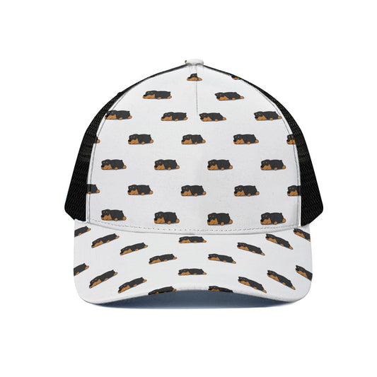 Sleeping Rottweiler Pattern Print Black Mesh Trucker Cap