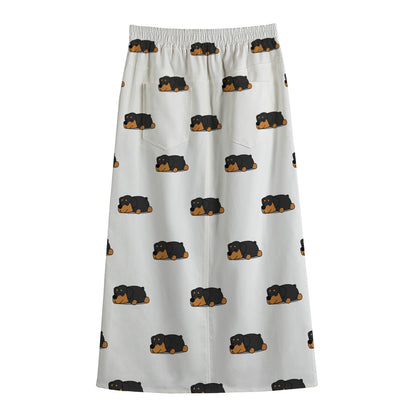 Sleeping Rottweiler Pattern Print Cotton Front Slit Maxi Skirt