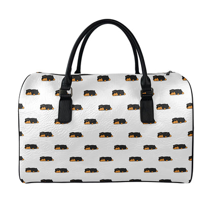 Sleeping Rottweiler Pattern Print Leather Duffle Bag