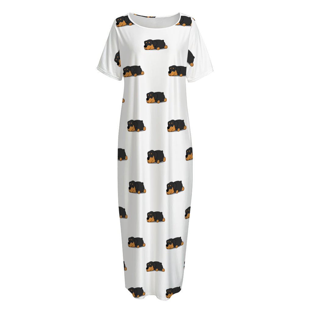 Sleeping Rottweiler Pattern Print Short Sleeve Long Nightdress