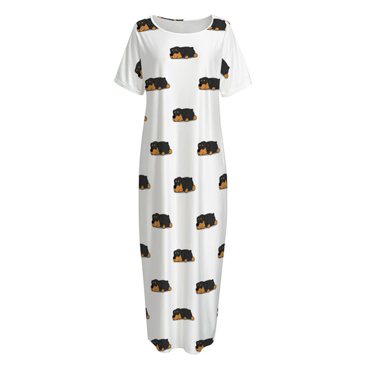 Sleeping Rottweiler Pattern Print Short Sleeve Long Nightdress