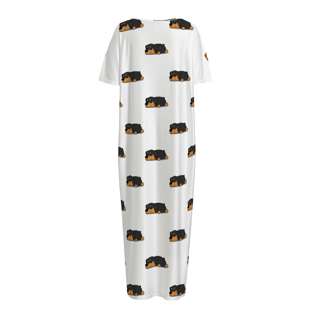 Sleeping Rottweiler Pattern Print Short Sleeve Long Nightdress