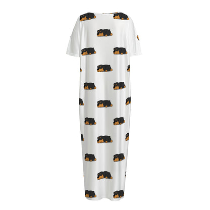 Sleeping Rottweiler Pattern Print Short Sleeve Long Nightdress