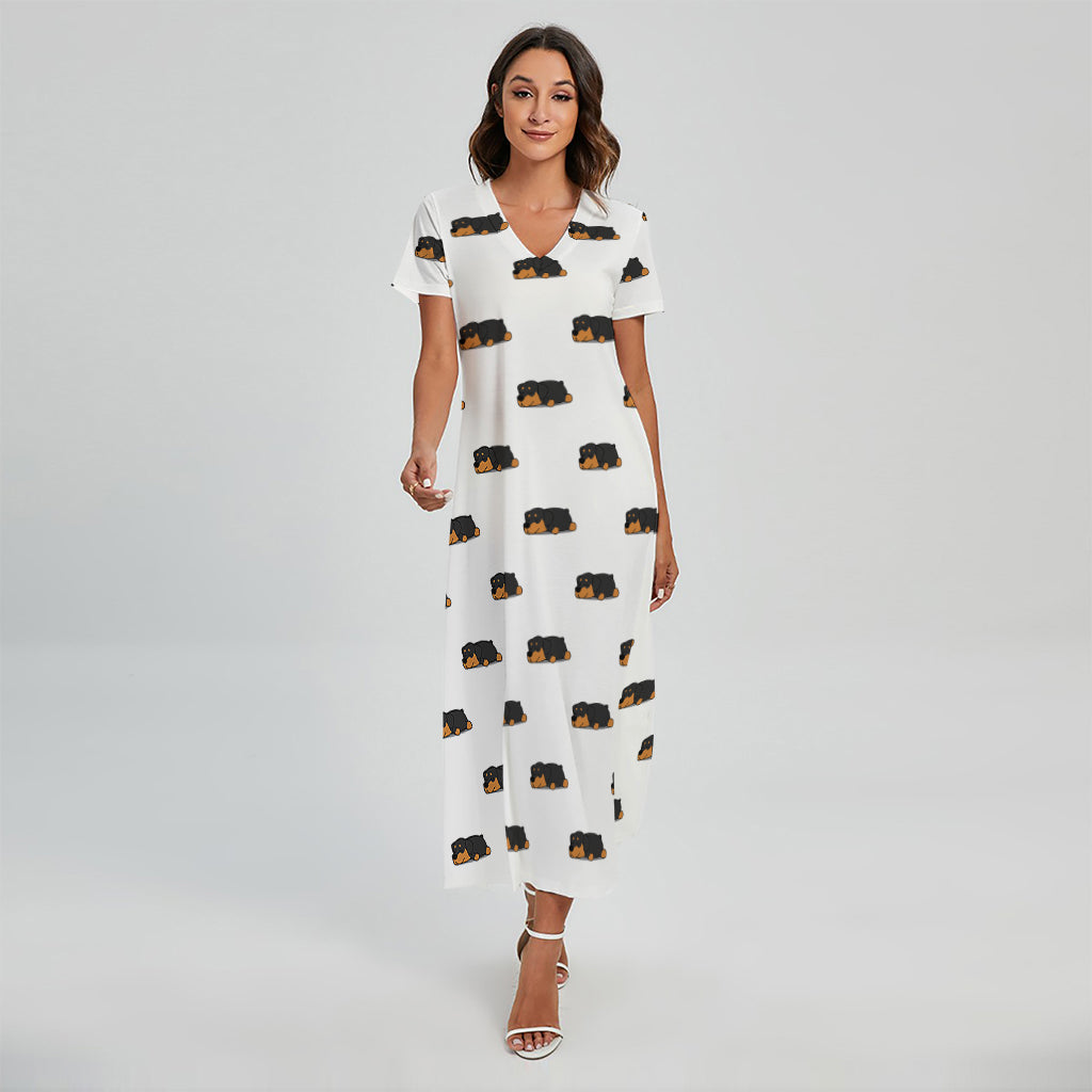 Sleeping Rottweiler Pattern Print Short Sleeve Maxi Dress