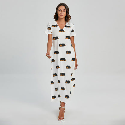 Sleeping Rottweiler Pattern Print Short Sleeve Maxi Dress