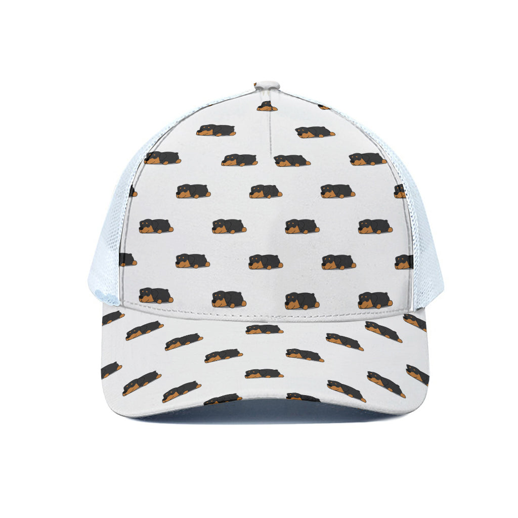 Sleeping Rottweiler Pattern Print White Mesh Trucker Cap