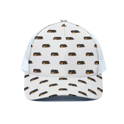 Sleeping Rottweiler Pattern Print White Mesh Trucker Cap