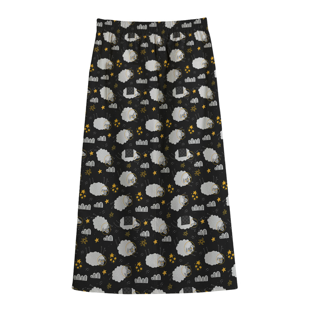 Sleeping Sheep Pattern Print Cotton Front Slit Maxi Skirt