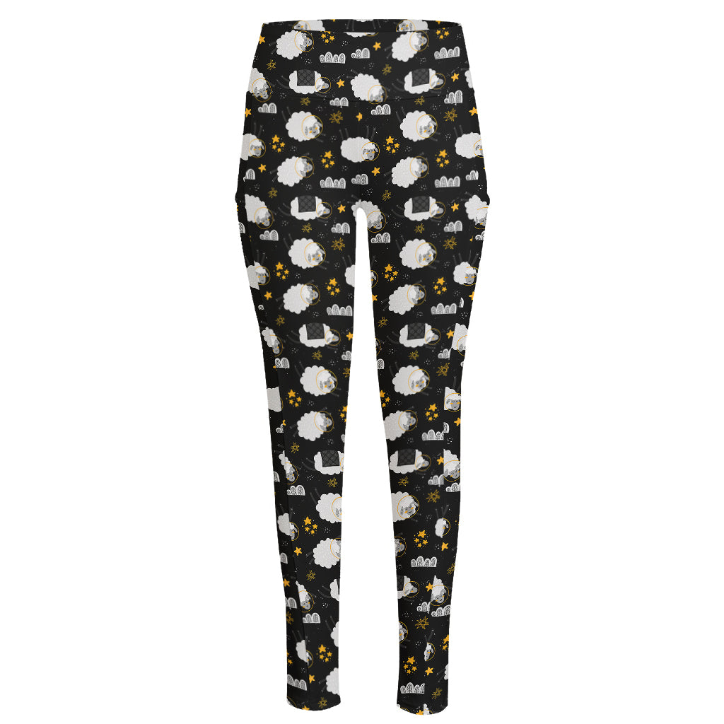 Sleeping Sheep Pattern Print High-Waisted Pocket Leggings
