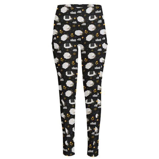 Sleeping Sheep Pattern Print High-Waisted Pocket Leggings