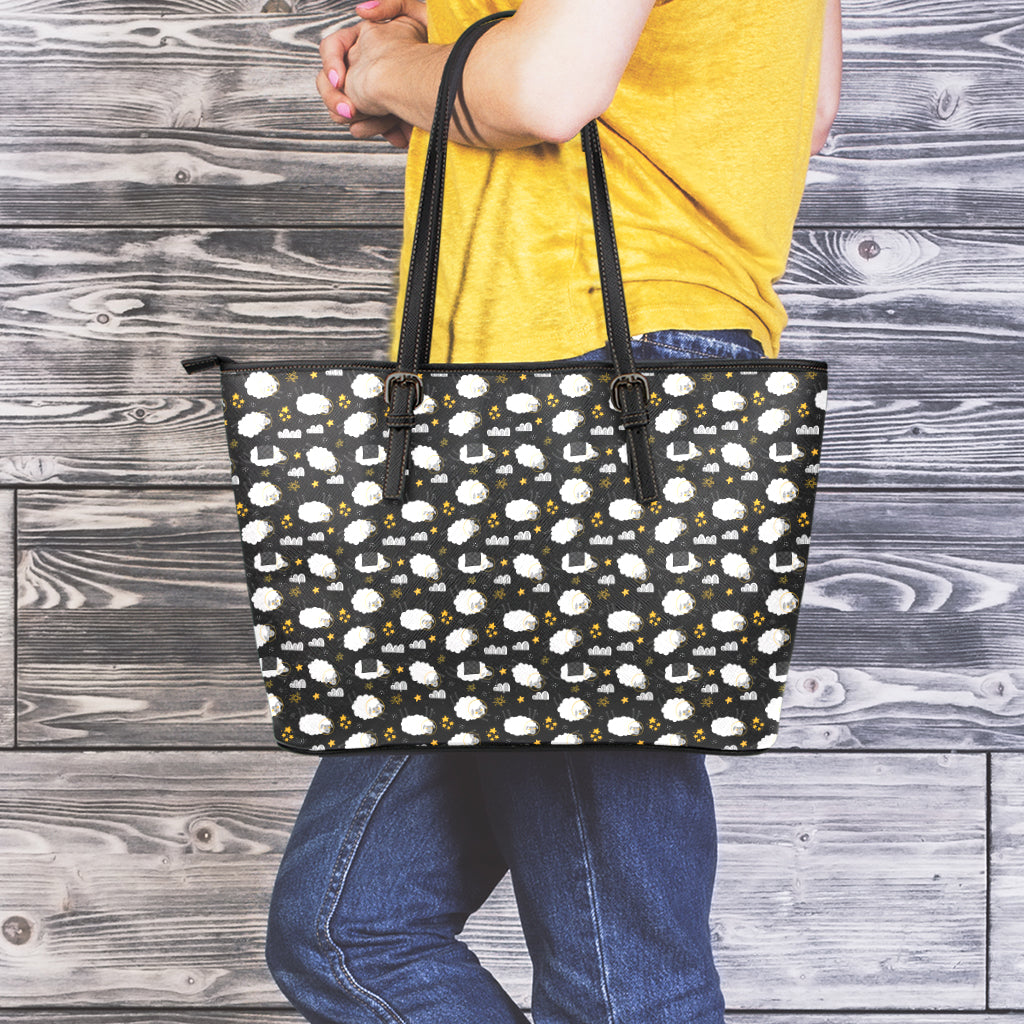 Sleeping Sheep Pattern Print Leather Tote Bag