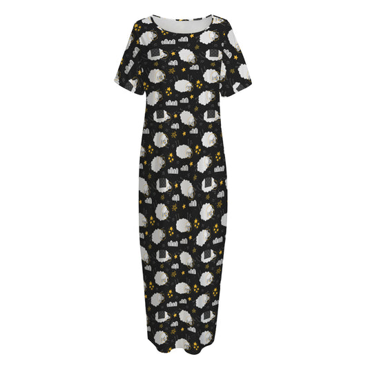 Sleeping Sheep Pattern Print Short Sleeve Long Nightdress