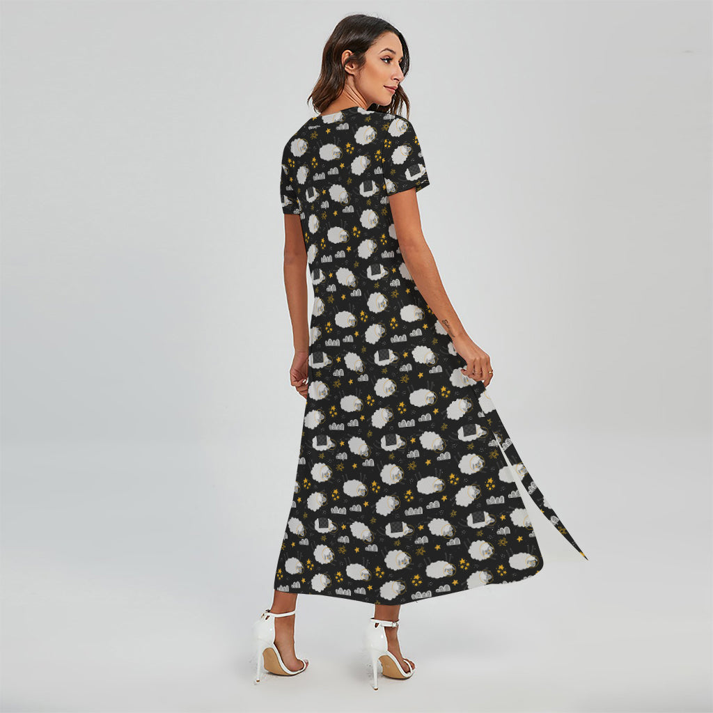 Sleeping Sheep Pattern Print Short Sleeve Maxi Dress