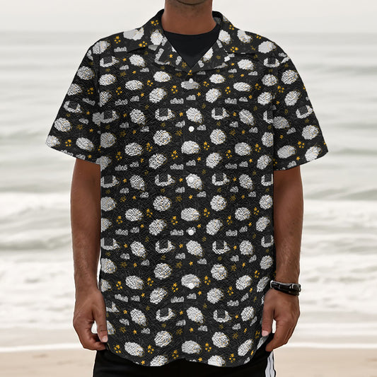 Sleeping Sheep Pattern Print Textured Short Sleeve Shirt