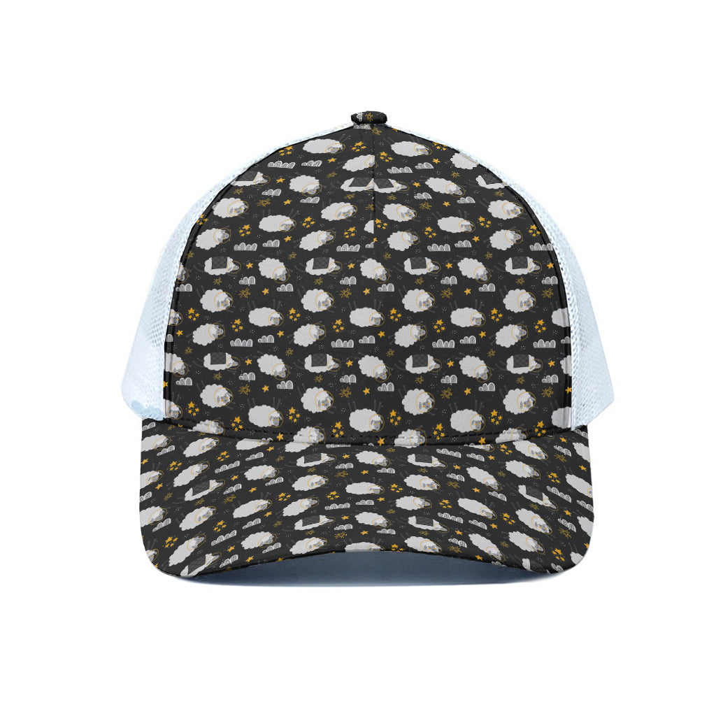Sleeping Sheep Pattern Print White Mesh Trucker Cap