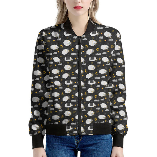 Sleeping Sheep Pattern Print Women's Bomber Jacket