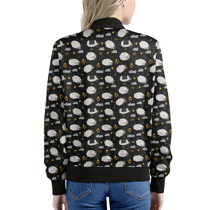 Sleeping Sheep Pattern Print Women's Bomber Jacket