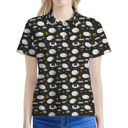 Sleeping Sheep Pattern Print Women's Polo Shirt