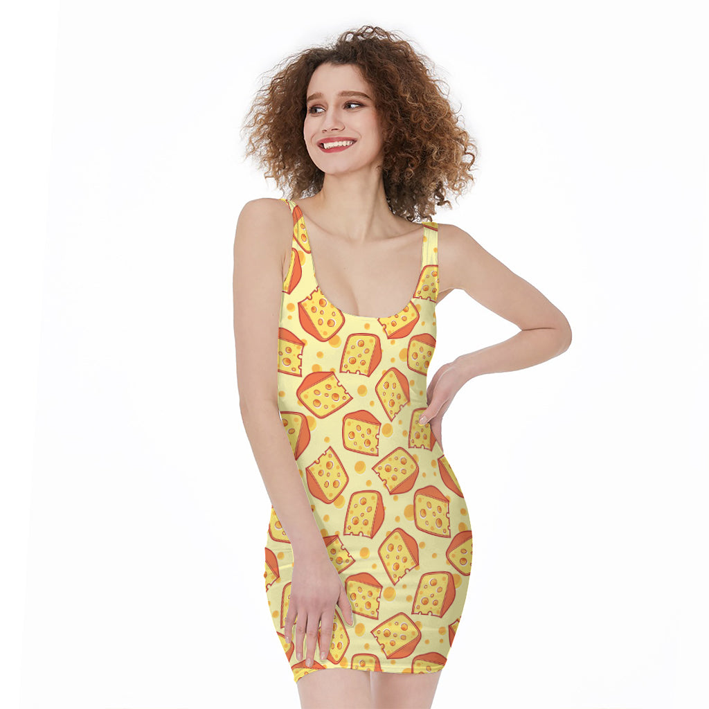 Slice Of Cheese Pattern Print Sleeveless Bodycon Dress