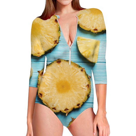 Sliced Pineapple Print Long Sleeve Swimsuit