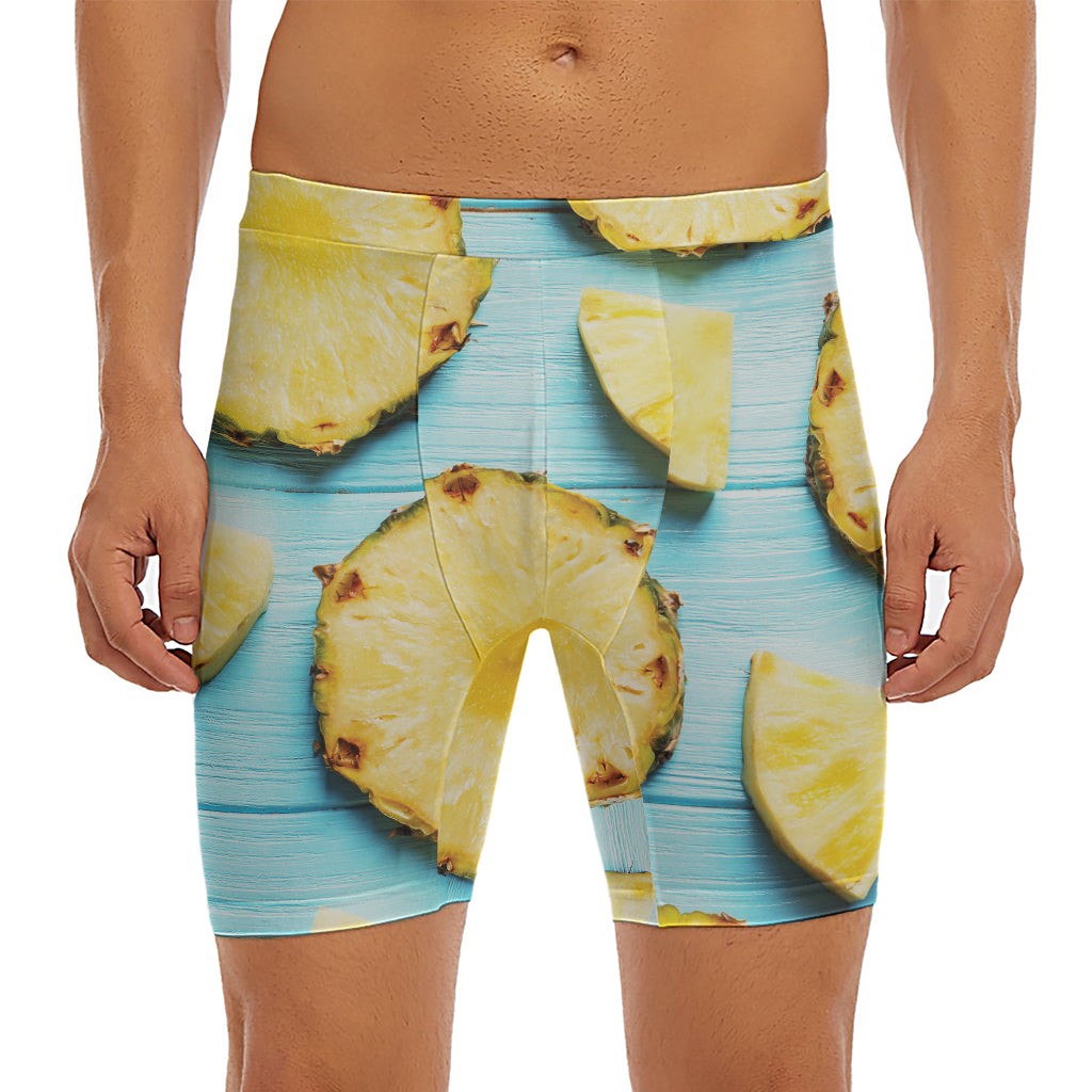 Sliced Pineapple Print Men's Long Boxer Briefs