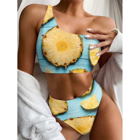 Sliced Pineapple Print One Shoulder Bikini Top