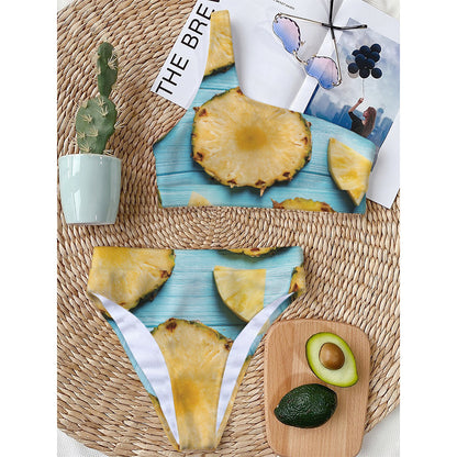 Sliced Pineapple Print One Shoulder Bikini Top