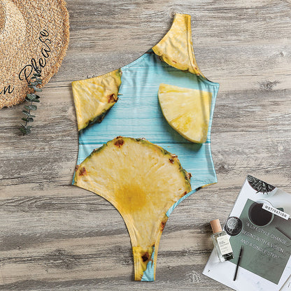 Sliced Pineapple Print One Shoulder Bodysuit
