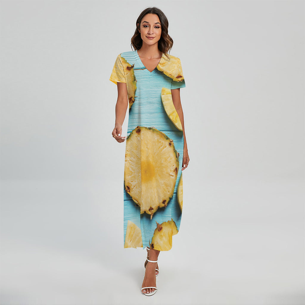 Sliced Pineapple Print Short Sleeve Maxi Dress